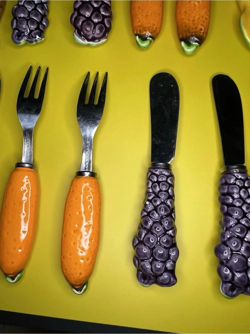 Vintage Japan Fruit Handle Flatware Set Ceramic Knives Forks Stainless Steel